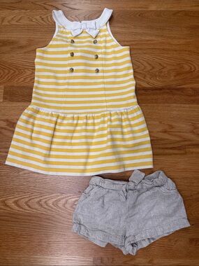 Janie and Jack Yellow and White Striped Dress with Light tan Shorts